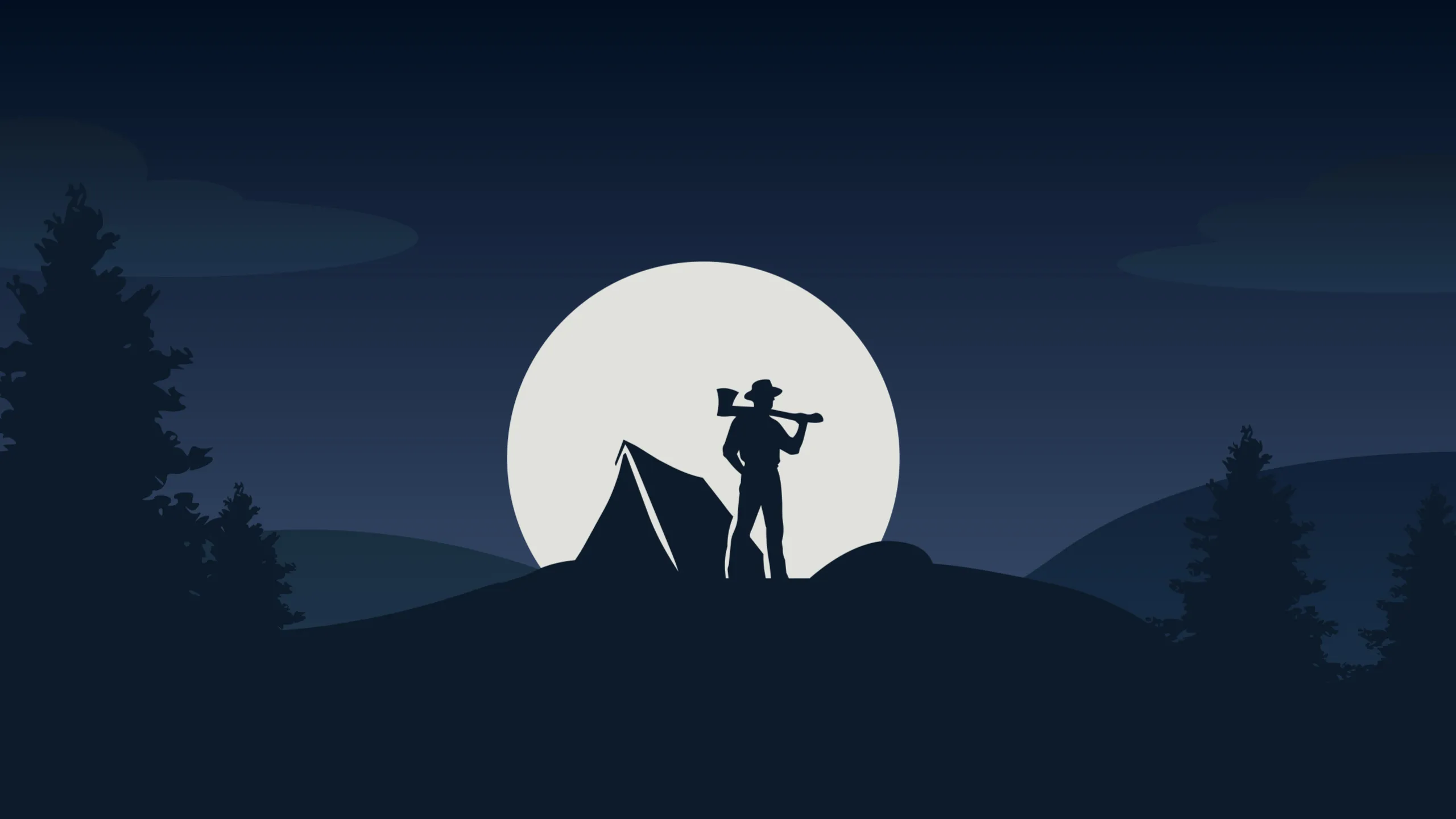 Silhouette of a camper with an axe beside a tent on a hilltop, backlit by a full moon